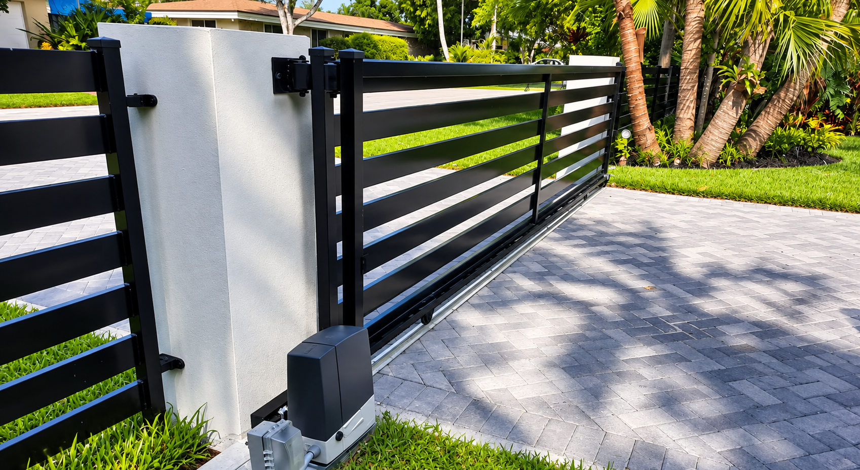 Custom modern sliding metal gate by Baez Son Metal Corp