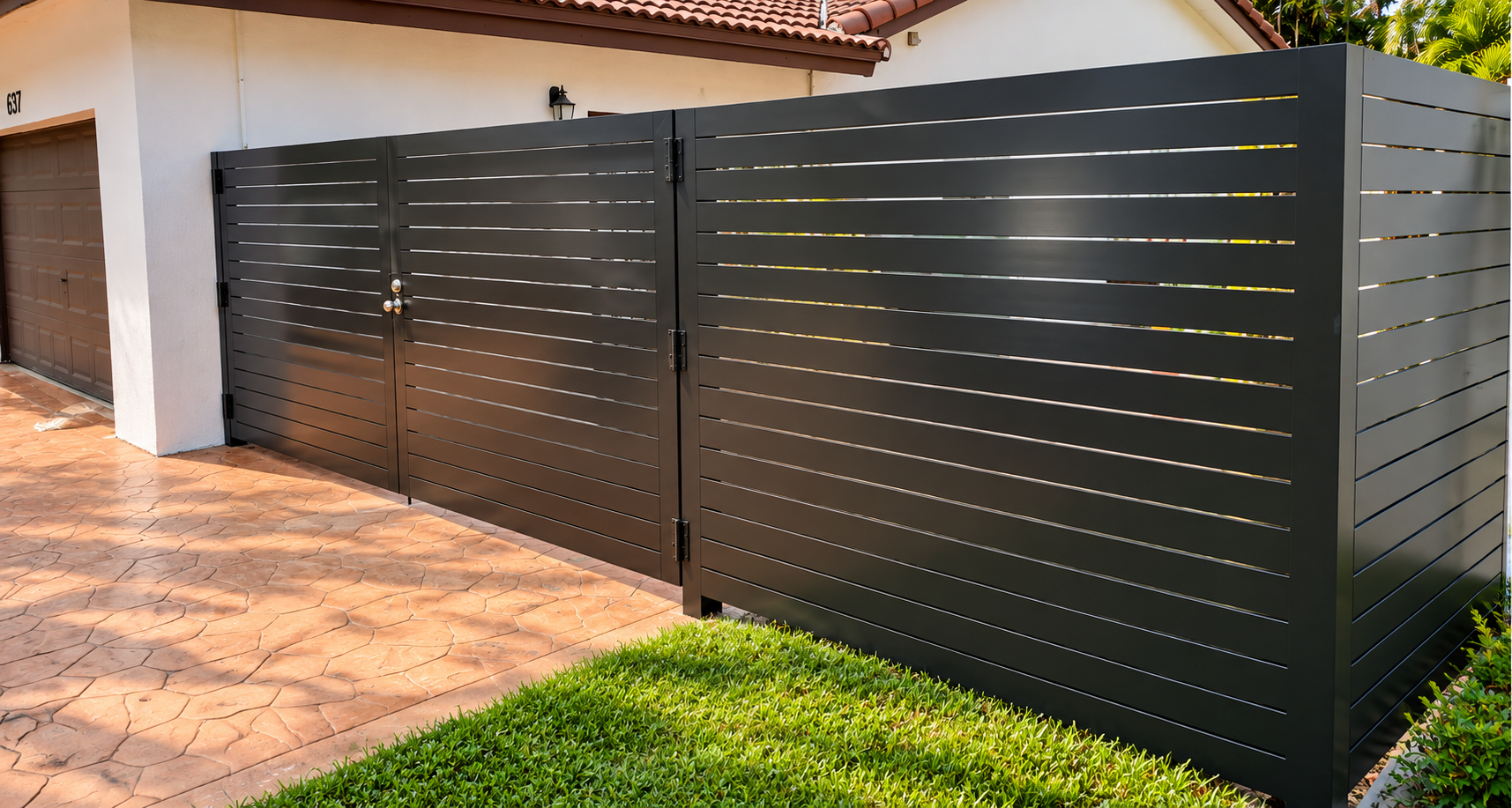 Custom horizontal metal fence and gate by Baez Son Metal Corp